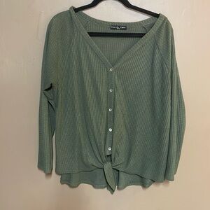 Green waffle knit long sleeve tie front top